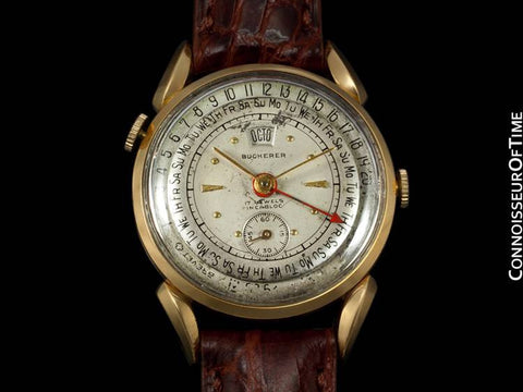 1950's Bucherer Vintage Mens Triple Date Calendar Watch - 18K Gold