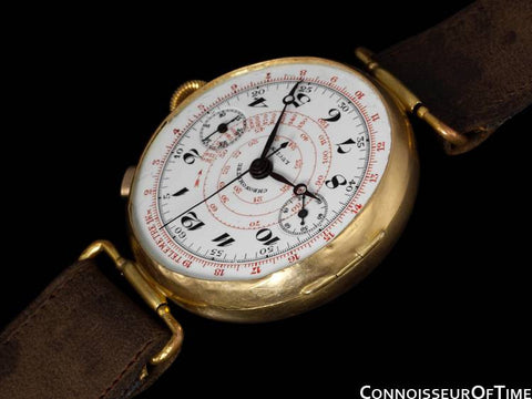 1920's Swiss Vintage Large Mens Sporting / Aviator's Single Button Chronograph - 18K Gold