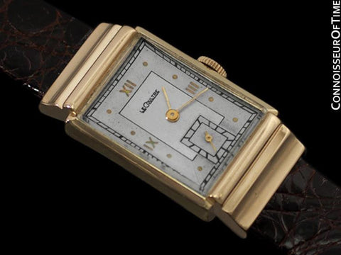 1945 Jaeger-LeCoultre Vintage Mens Rectangular Watch, Art Deco Hooded Lugs - 14K Gold