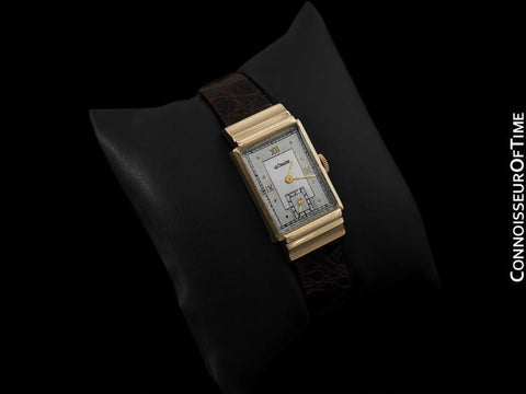 1945 Jaeger-LeCoultre Vintage Mens Rectangular Watch, Art Deco Hooded Lugs - 14K Gold